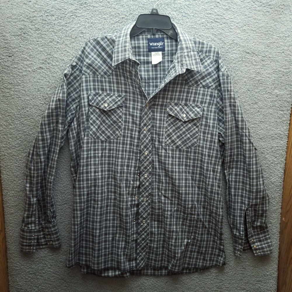 Wrangler XL Pearl Snap Tall Check Gray Button-Down Shirt 53.5" 31" 26"